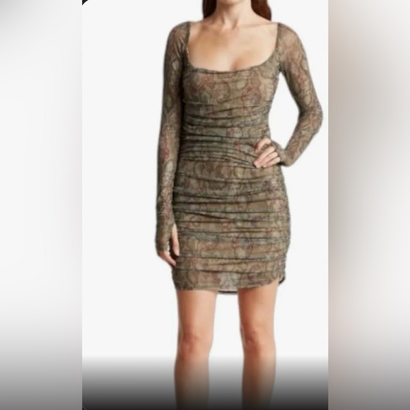 AFRM Gesine Long Sleeve Ruched Minidress In Spruce Snake, NWT size XS - Picture 2 of 2